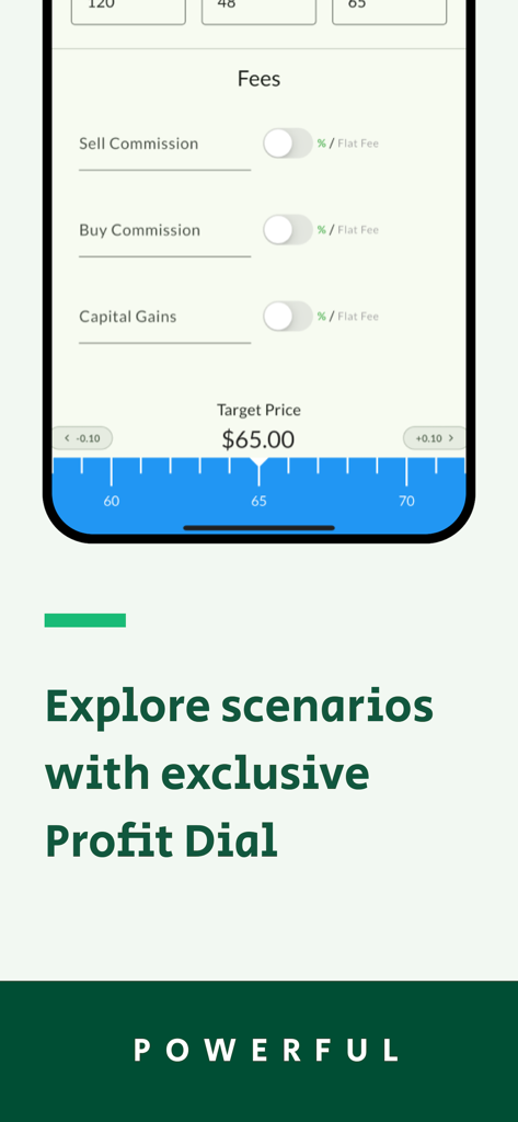 Easy Stock Profit Calculator - Easy Stock Profit Calculator app interface showing the target price dial and fee adjustment settings.