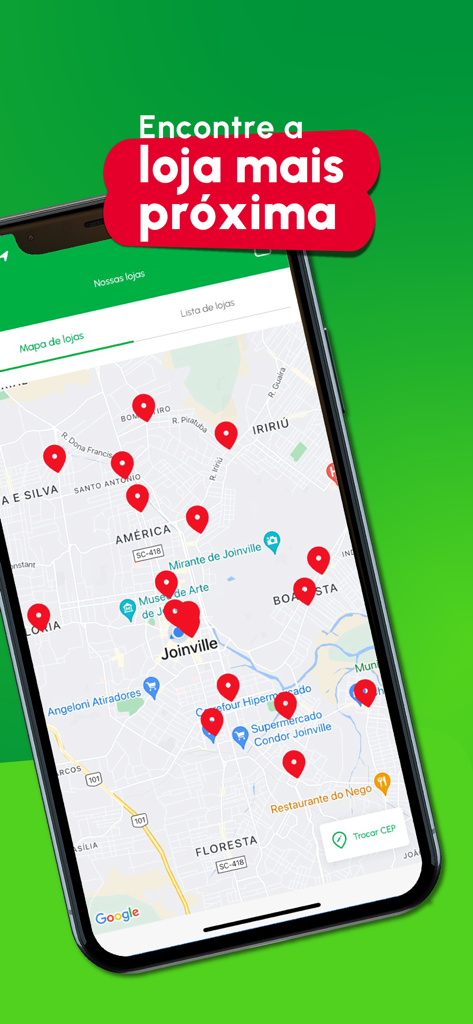 Farmácia Preço Popular - Vista de mapa en la app Farmacia Preco Popular mostrando farmacias cercanas con pines rojos en Joinville.