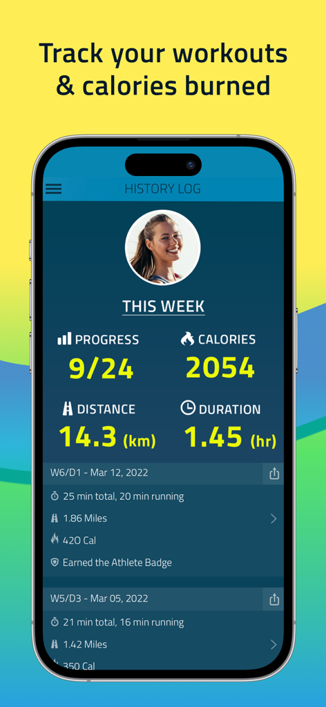 Bildschirm einer mobilen App, der eine Trainingsverlaufsübersicht mit wöchentlichem Fortschritt, verbrannten Kalorien und zurückgelegter Laufdistanz anzeigt.