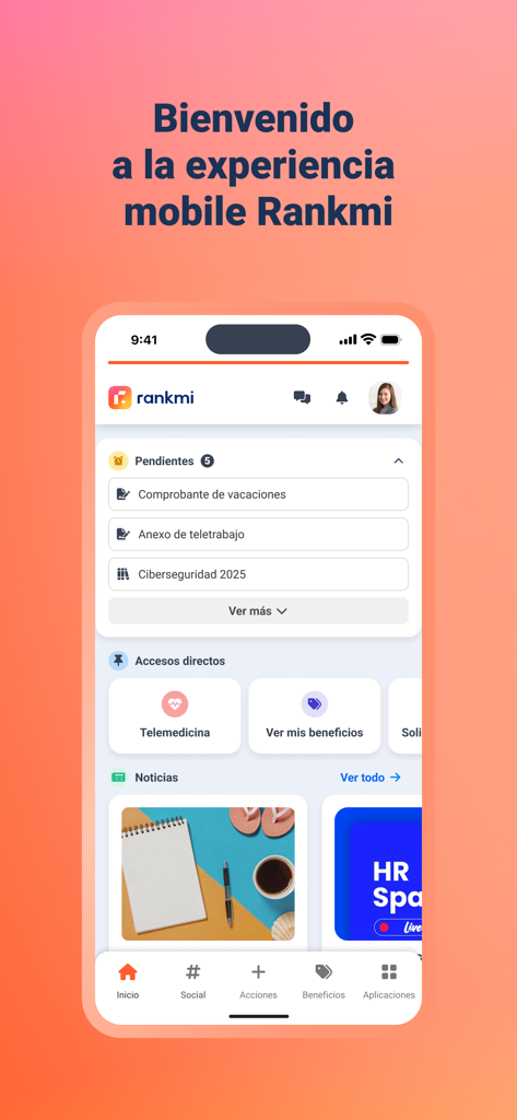 Rankmi - Tela inicial do aplicativo móvel Rankmi mostrando tarefas pendentes e benefícios para funcionários