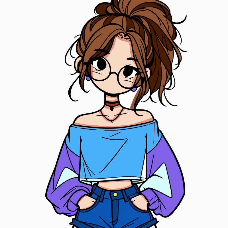 girl with a messy ponytail glasses a baggy crop top and jean shorts