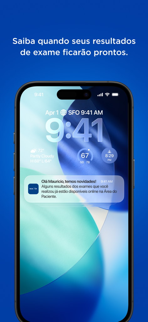 Pantalla de bloqueo del iPhone mostrando una notificación de la app Rede Dor sobre resultados de exámenes médicos disponibles