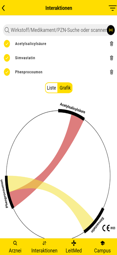 A chord diagram graphic showing drug interactions between Acetylsalicylsaeure, Simvastatin, and Phenprocoumon in the Gelbe Liste Pharmindex app