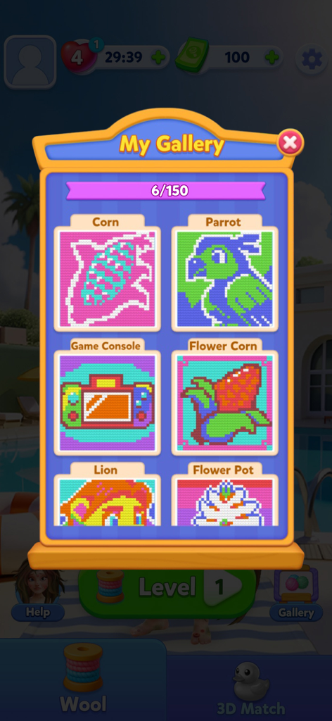 La schermata My Gallery in Wool Escape 3D che mostra una collezione di dipinti di filati completati, tra cui un pappagallo e un leone.