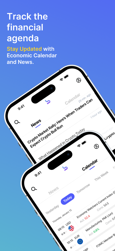 bottomUP - Social - Interfaz móvil de la aplicación bottomUP que muestra noticias financieras y un calendario económico.