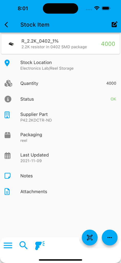 InvenTree-Mobil-App zeigt Inventardetails für ein Surface-Mount-Widerstandsteil