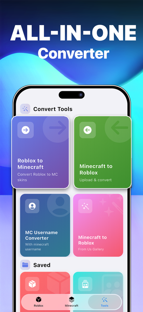 BlockHub app interface showing converter tools for Roblox and Minecraft skins