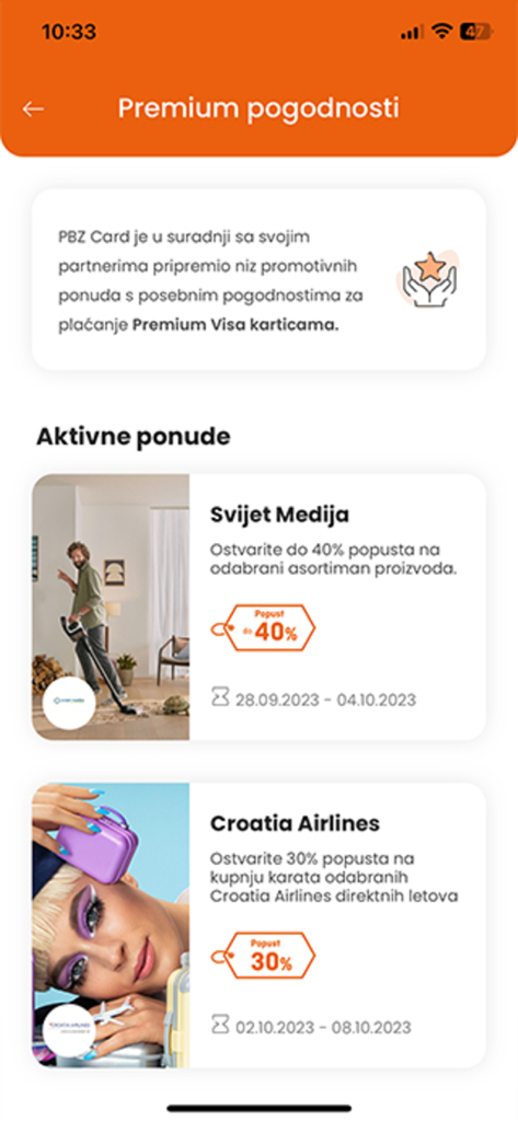 PBZ Card MyWay - PBZ Card MyWay app screen showing premium benefits and active offers for Premium Visa cardholders.
