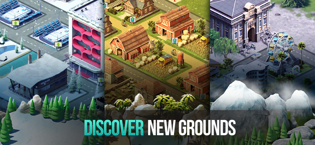 City Island 4 Simulation Town - Diversos entornos de construcción de ciudades en City Island 4 que muestran un pueblo invernal, una granja rural y una ciudad con una noria