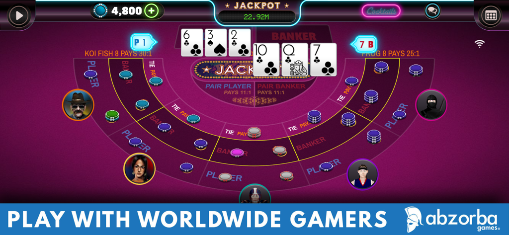 Baccarat Live - Un'interfaccia di un tavolo da baccarat dal vivo che mostra gli avatar dei giocatori e le fiches delle puntate nel gioco mobile Baccarat Live.