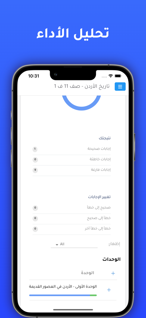 Easy Tawjihi | ايزي توجيهي - Écran de l'application Easy Tawjihi montrant l'analyse des performances et le suivi des études pour les examens jordaniens