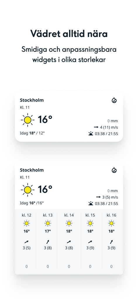 Widgets de la aplicación SMHI Väder que muestran el pronóstico del tiempo para Estocolmo en diferentes tamaños