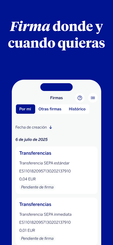 Interfaz de la aplicación BBVA Empresas que muestra firmas digitales pendientes para transferencias bancarias comerciales.