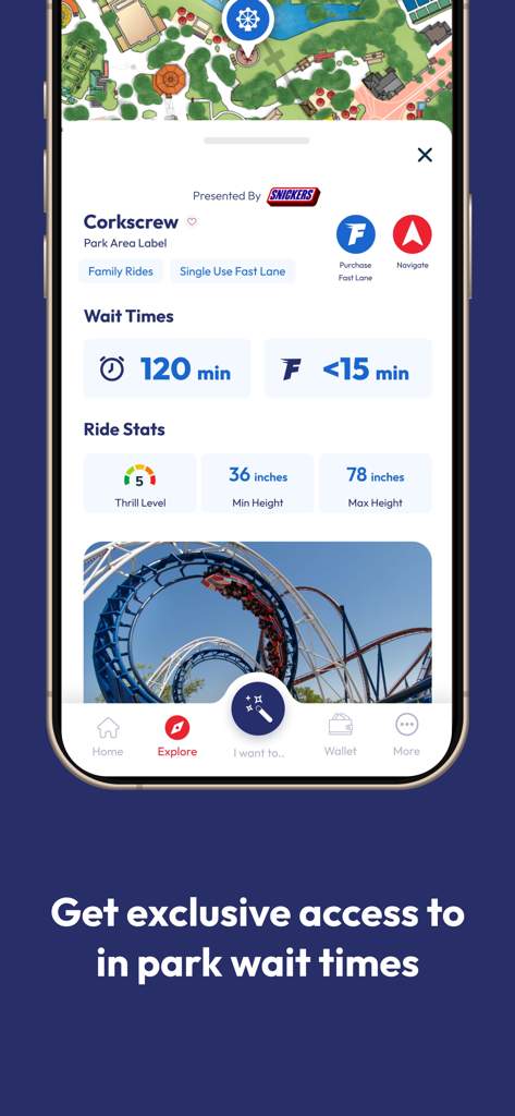 Six Flags mobile app displaying roller coaster wait times and ride statistics