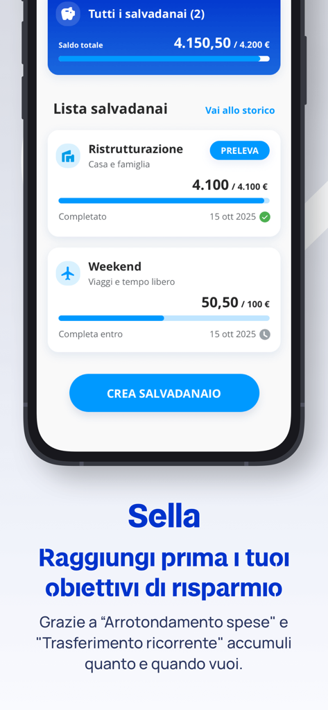 Sella - Interfaccia dell'app di mobile banking Sella che mostra la funzionalità obiettivi di risparmio con barre di avanzamento per ristrutturazione casa e viaggi
