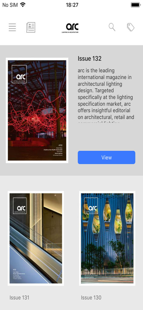 arc Magazine - arc Magazine app interface showing a list of architectural lighting design issues including Issue 132 featured with a description and view button