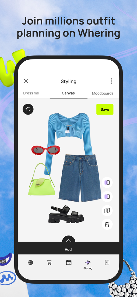 Whering app styling canvas showing a curated outfit with a blue ribbed top and denim shorts