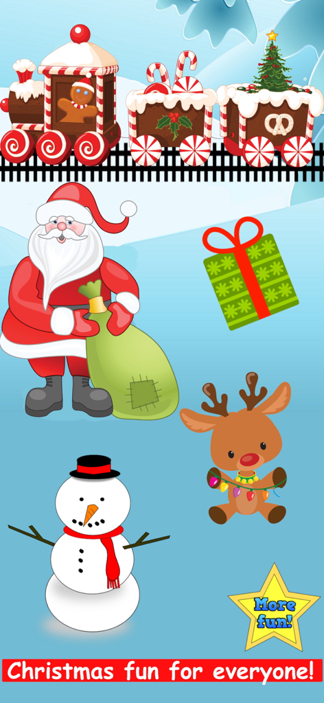 Christmas Train Snowman Games - Cartoon Christmas characters including Santa Claus, a snowman, a reindeer, and a gingerbread train