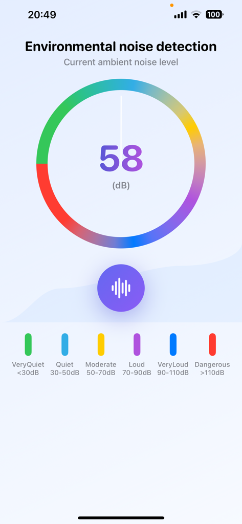 Noise Meter & dB Detector - Noise Meter app interface displaying a decibel reading of 58 with a color coded noise level scale