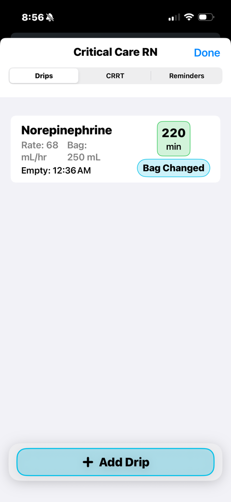 Interface showing Norepinephrine infusion tracking with rate and time remaining in the Code Blue Narrator app