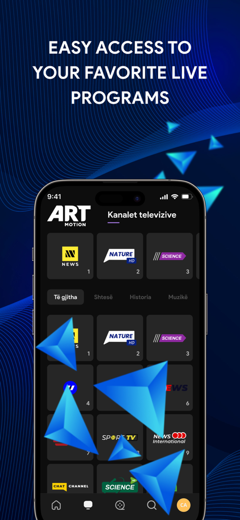 Artmotion - Interface de l'application Artmotion montrant des catégories de chaînes de télévision en direct et des icônes de chaînes sur un smartphone.