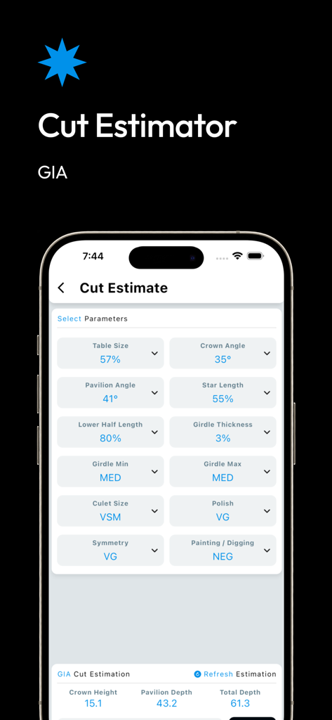 DRC - Diamond Rate Calc - GIA diamond cut estimator interface with technical measurement parameters