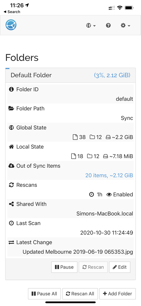 Möbius Sync Pro - Visão detalhada do status e configurações de sincronização de pastas no Möbius Sync Pro