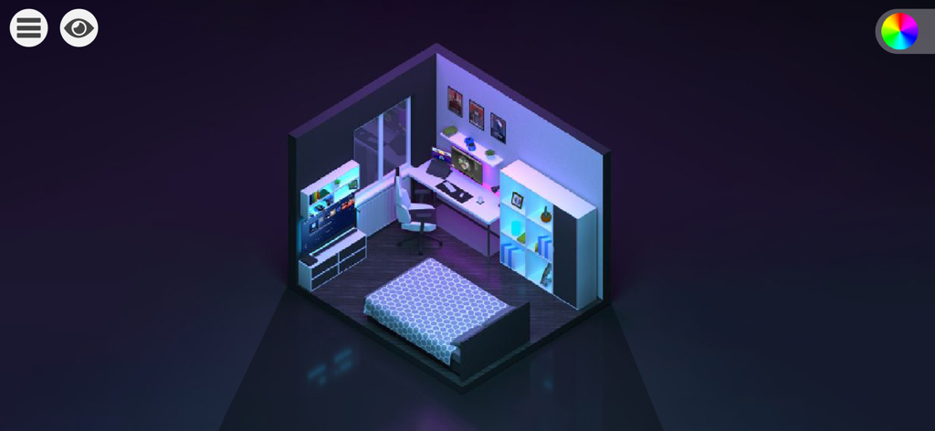 Design Dream Room - An isometric view of a modern bedroom with blue and purple neon lighting featuring a gaming desk and bed