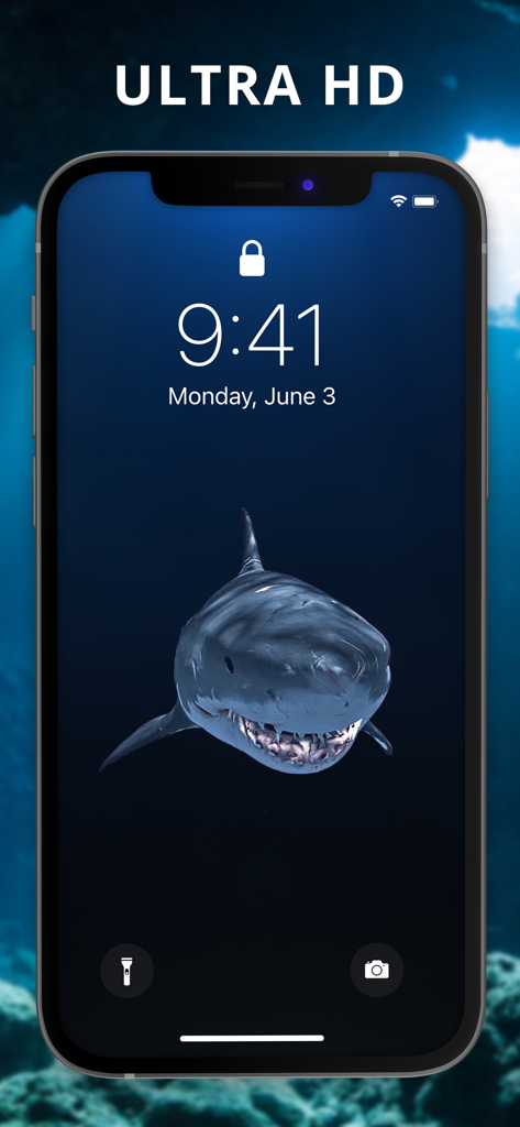 The Best 3D Live Wallpaper - Fondo de pantalla animado 3D de un tiburón en la pantalla de bloqueo de un iPhone.
