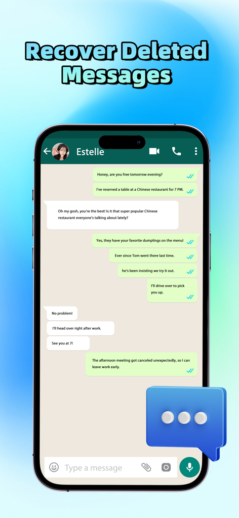 削除されたメッセージの復元というタイトルの下でチャット会話を表示するスマートフォン