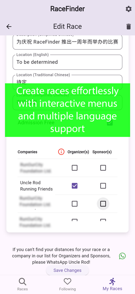 RaceFinder - RaceFinder app interface for editing race details with multilingual support and organizer selection