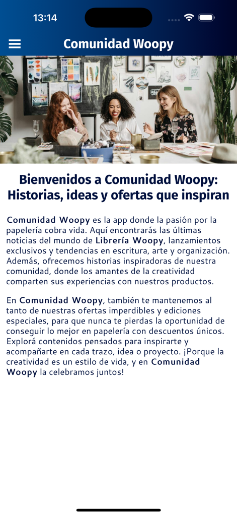 LibreriaWoopy - Introductory screen of the Comunidad Woopy app showing a creative workshop setting and Spanish text about stationery and community.