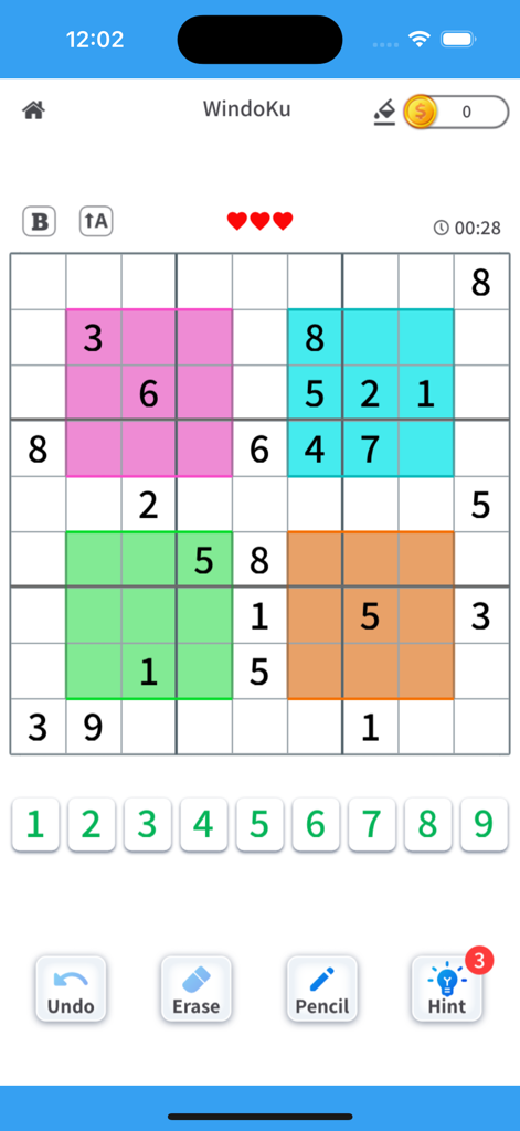 Sudoku Plus: Classic & Killer - Gameplay screen of Sudoku Plus showing a WindoKu puzzle with color-coded logic regions.