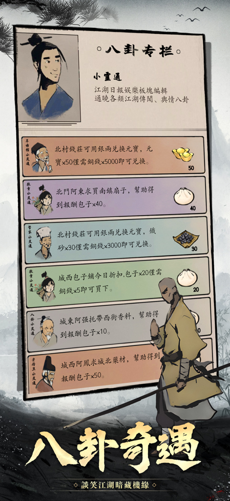 Swordsman Journey：Wuxia - A list of character encounters and item rewards in an ink-wash art style