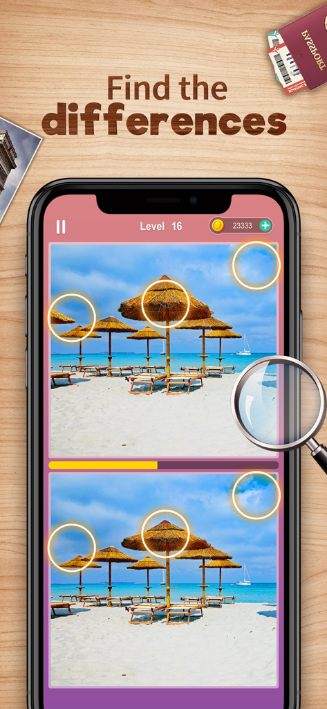 Difference Find Tour - Screenshot of Difference Find Tour mobile game showing a beach puzzle level with a magnifying glass