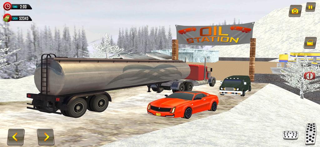Oil Tanker Transporter Driving - Heavy-duty oil tanker truck and cars at a snowy mountain oil station