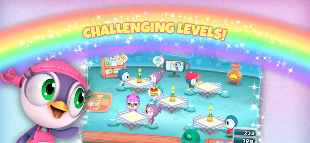 Penguin customers sitting at tables in a decorated 3D diner under a rainbow
