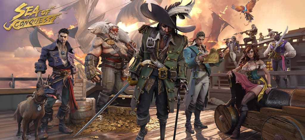 A group of pirate characters from Sea of Conquest standing on a ship deck with a treasure chest full of gold