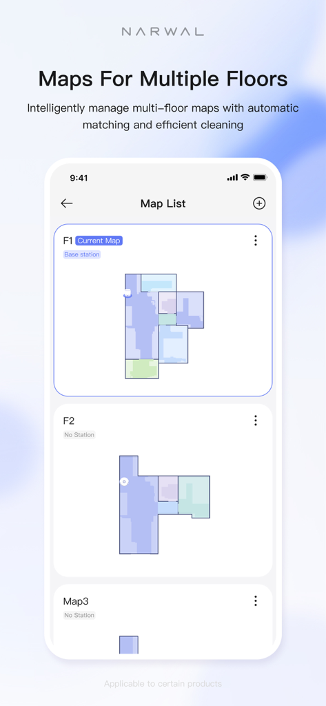Narwal Freo - Interface of the Narwal Freo app showing a list of floor maps for managing multiple levels of a home.