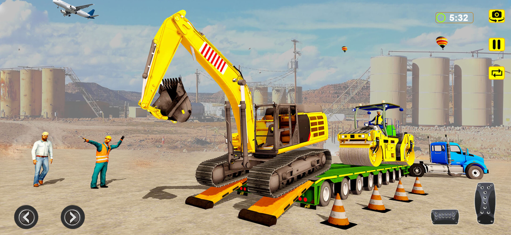 A yellow excavator and road roller on a flatbed trailer at a construction site