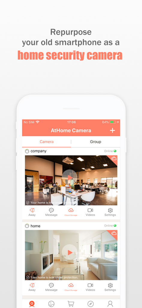 Interfaz de smartphone de Athome Camera Pro mostrando transmisiones de seguridad en vivo desde el hogar y la oficina