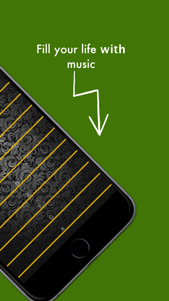 Pantalla de smartphone que muestra la aplicación de instrumento de arpa con cuerdas doradas