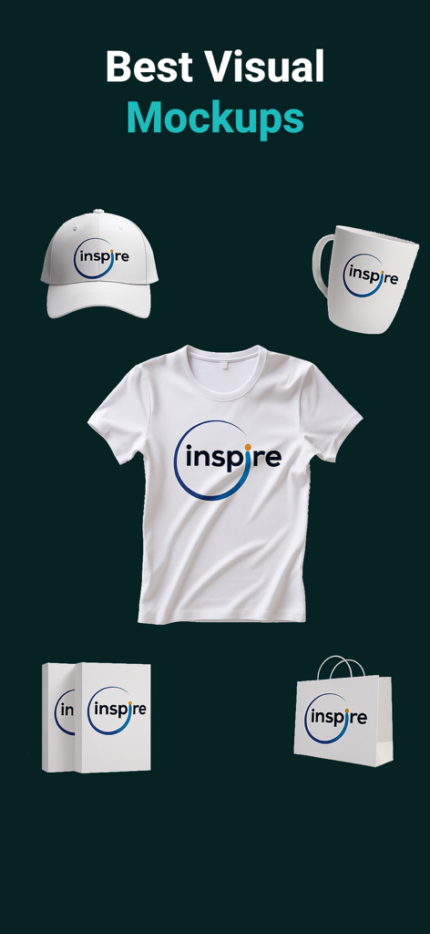 AI Logo Maker - AI Logo Design - Eine Sammlung von Branding-Mockups, die ein Logo auf einem T-Shirt, einer Tasse, einer Mütze und einer Einkaufstasche zeigen