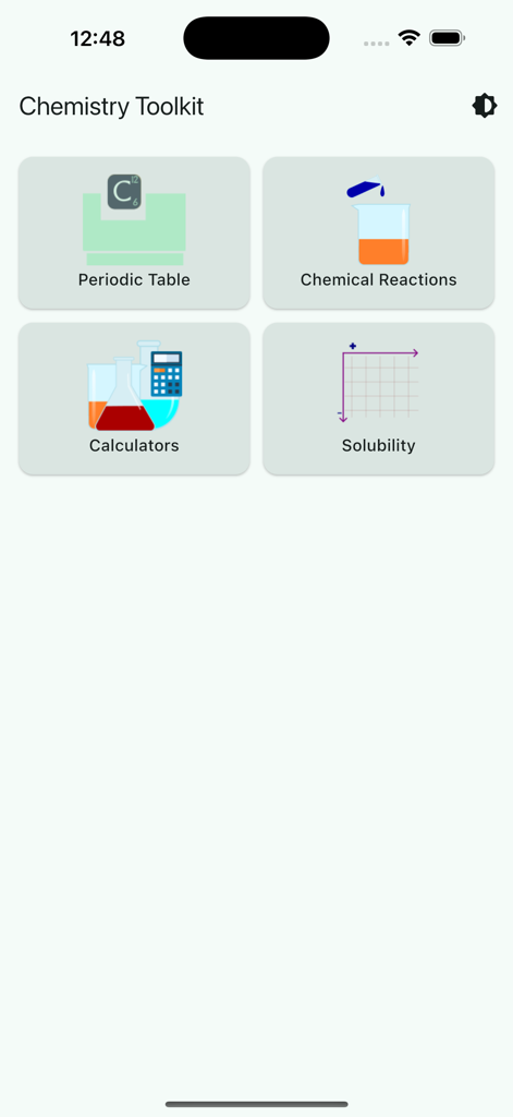 Chemistry lab pro - Panel de la aplicación Chemistry Lab Pro con botones para Tabla Periódica, Reacciones Químicas, Calculadoras y herramientas de Solubilidad