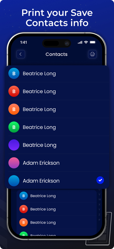 Interface do aplicativo móvel mostrando a seleção de contatos salvos para impressão sem fio
