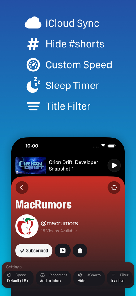 Unwatched for YouTube interface showing features like iCloud Sync, Hide Shorts, and Custom Playback Speed settings