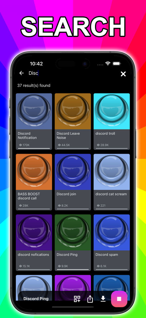 Tela de resultados de pesquisa no aplicativo Meme Instants mostrando vários botões de som do Discord