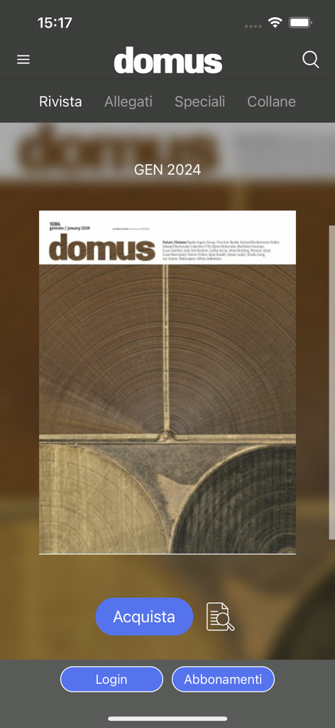 Domus app interface showing the January 2024 magazine issue cover with navigation and subscription buttons.