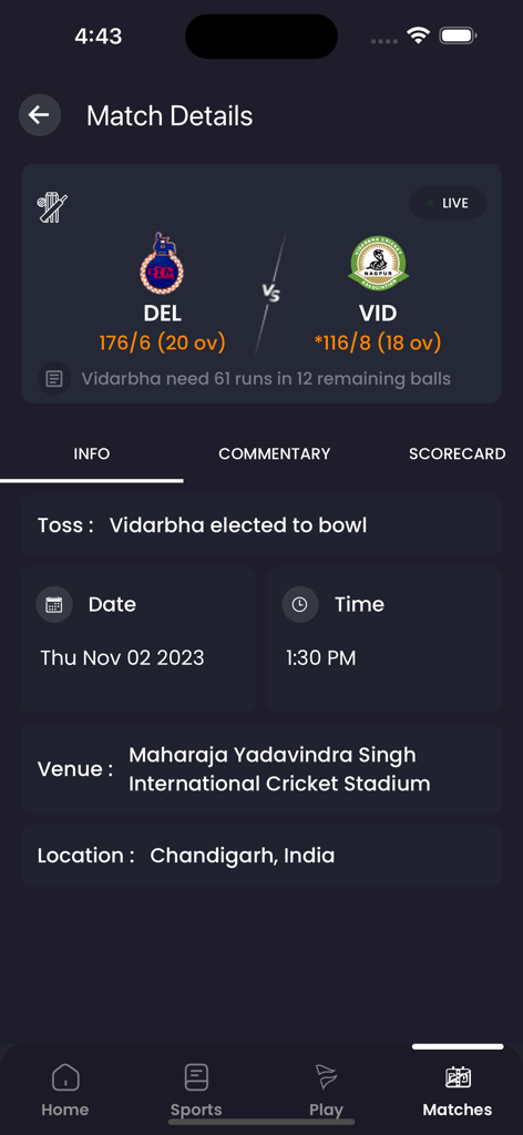 Khel Now app interface displaying live cricket match details including score for Delhi vs Vidarbha and stadium information