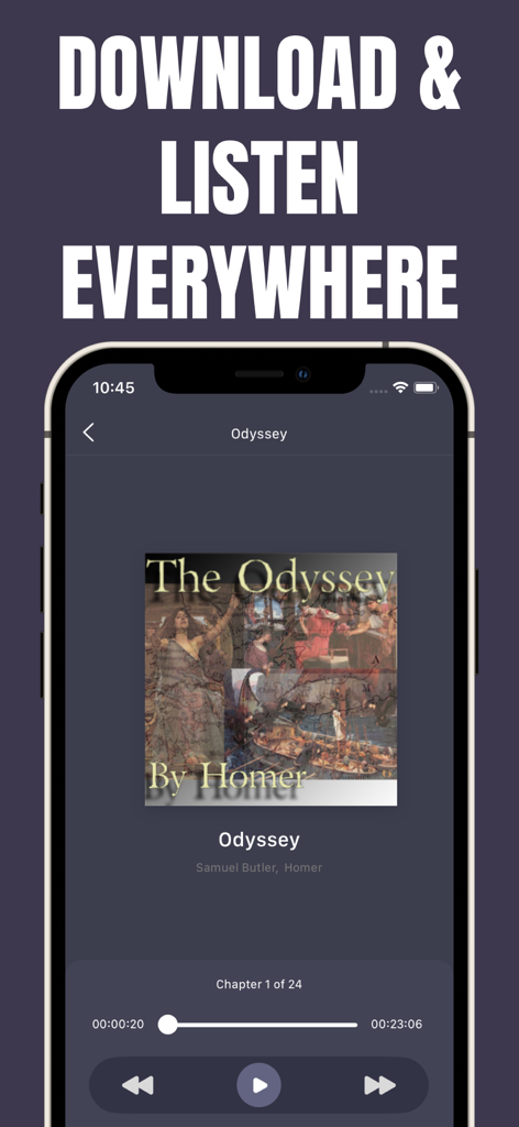 Audiobook player interface in Librivox app playing The Odyssey by Homer